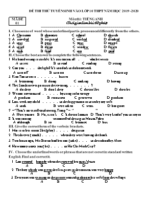 Bộ đề thi thử tuyển sinh Lớp 10 THPT môn Tiếng Anh - Năm học 2019-2020 - Nguyễn Thị Nghĩa (Có đáp án)
